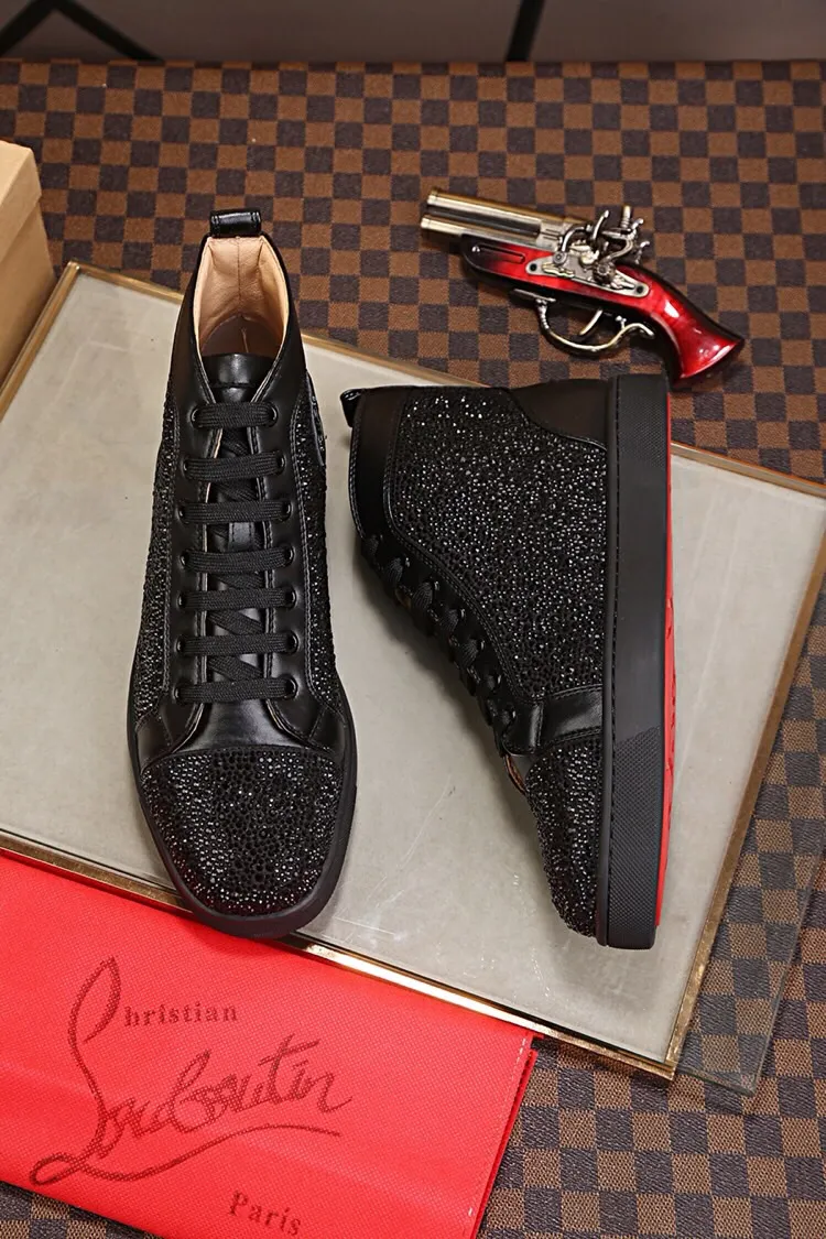 Ex-factory price 480. christian louboutin (CL red sole shoes) counter hot diamond series, high-top casual sneakers for couples 📢 📢 📢 Exclusive hot style release 🎈🎈💪 Movable latex feet 👻 Finished outsole sewing line [satisfied] 😝Female 35-40# Male 38#-46, global supply😝 [Top version]: original imported cowhide upper, top original leather lining, original molded TPU outsole, original 1:1 detail processing, original shoe last, large quantity available from stock,